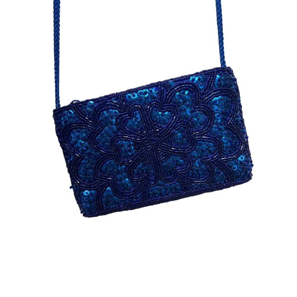 Laurence Kazar Vintage 80's Royal Blue Silk Sequin Cocktail Dress and Purse - Picture 10 of 11